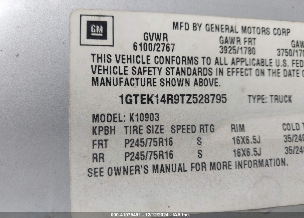 1996 GMC SIERRA K1500 VIN: 1GTEK14R9TZ528795