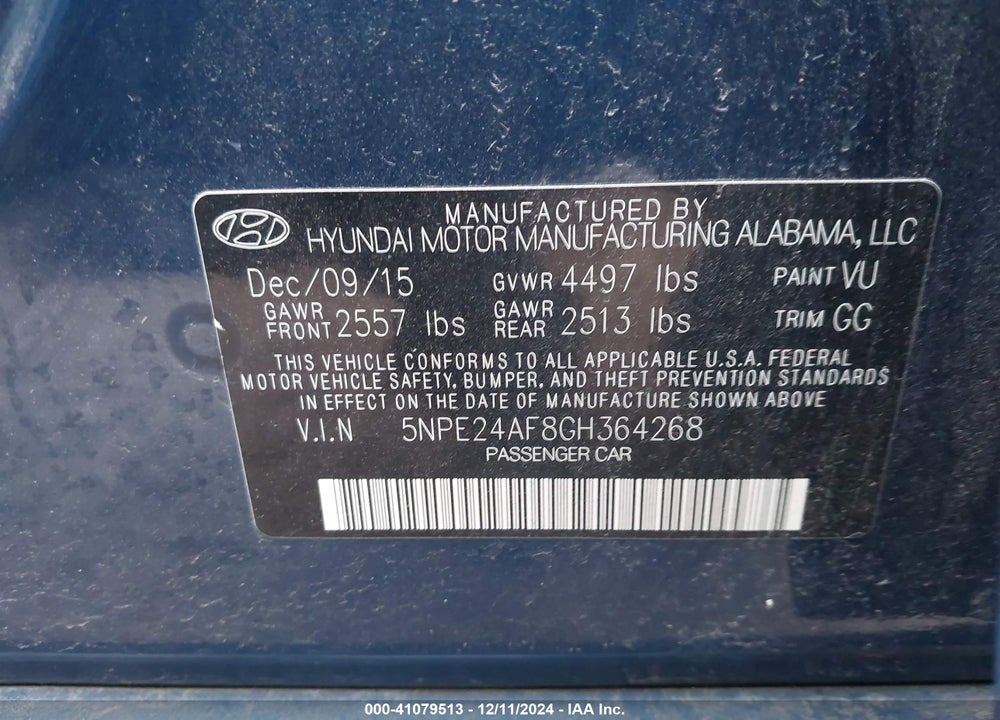 2016 HYUNDAI SONATA SE VIN: 5NPE24AF8GH364268