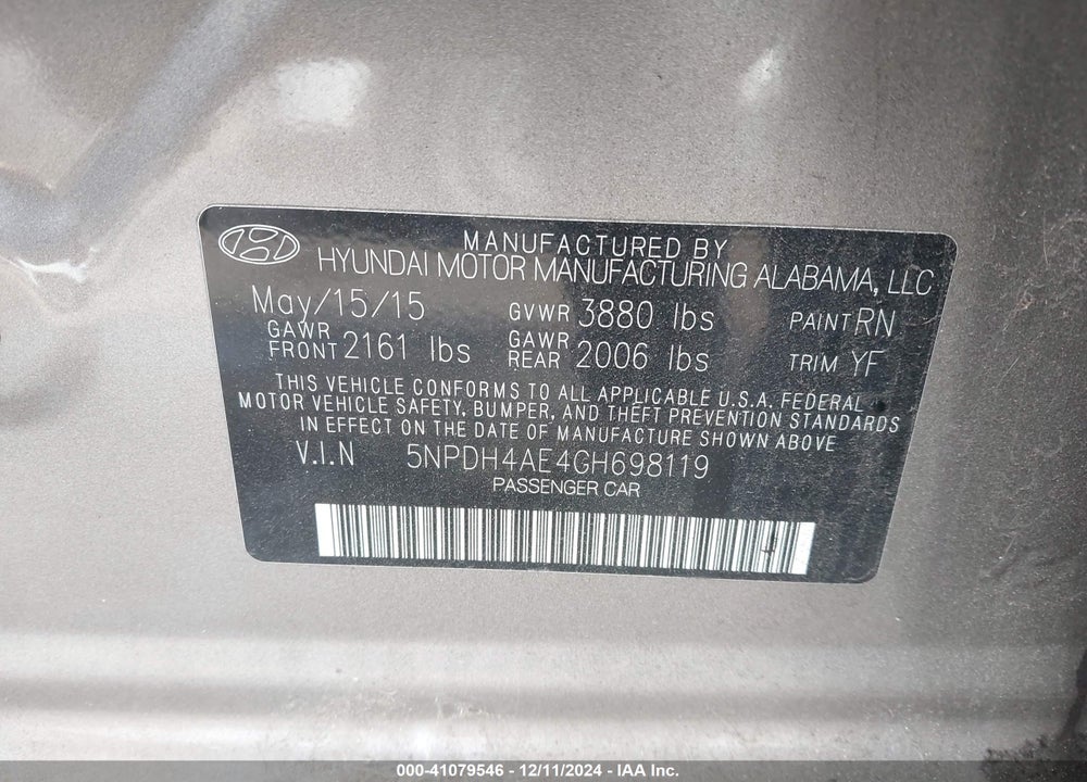 2016 HYUNDAI ELANTRA SE VIN: 5NPDH4AE4GH698119