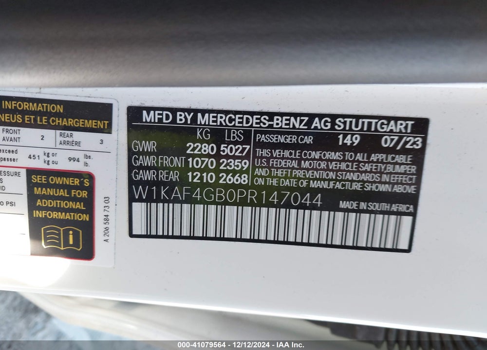2023 MERCEDES-BENZ C 300 SEDAN VIN: W1KAF4GB0PR147044