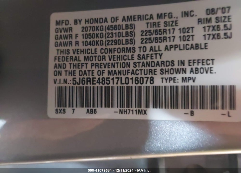 2007 HONDA CR-V EX VIN: 5J6RE48517L016078