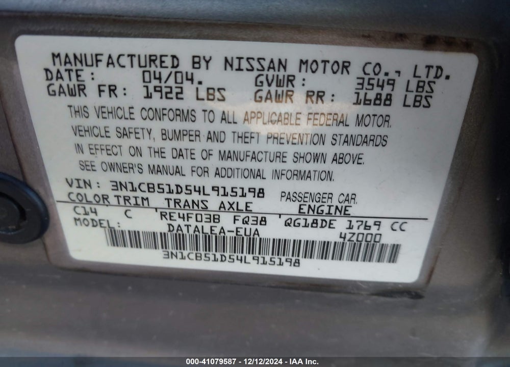 2004 NISSAN SENTRA 1.8S VIN: 3N1CB51D54L915198