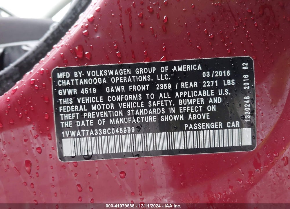 2016 VOLKSWAGEN PASSAT VIN: 1VWAT7A33GC045999