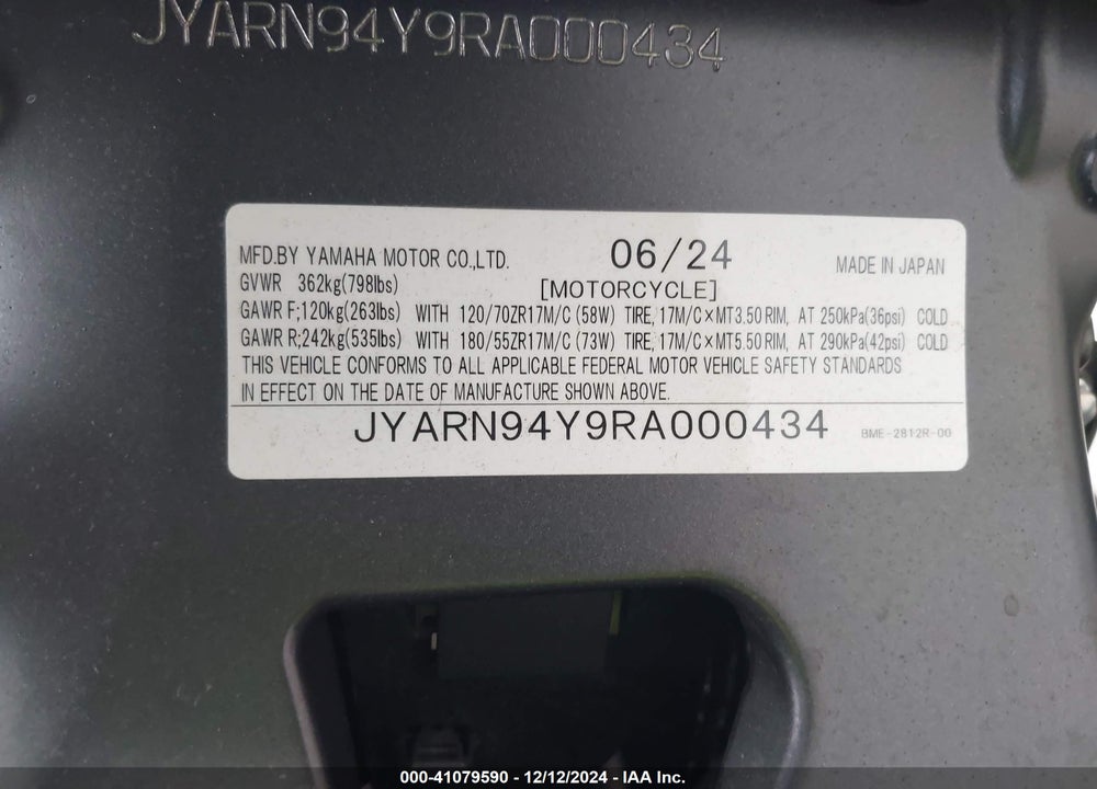 2024 YAMAHA MT09 C VIN: JYARN94Y9RA000434
