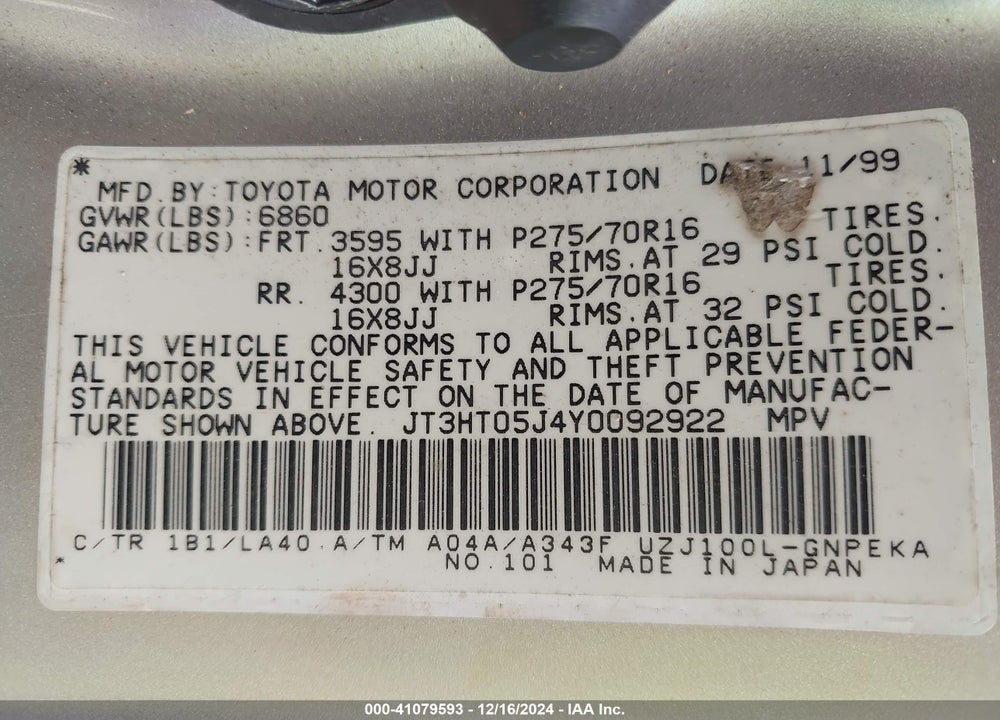 2000 TOYOTA LAND CRUISER VIN: JT3HT05J4Y0092922
