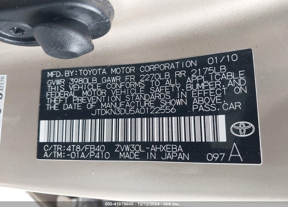 2010 TOYOTA PRIUS VIN: JTDKN3DU5A0122556