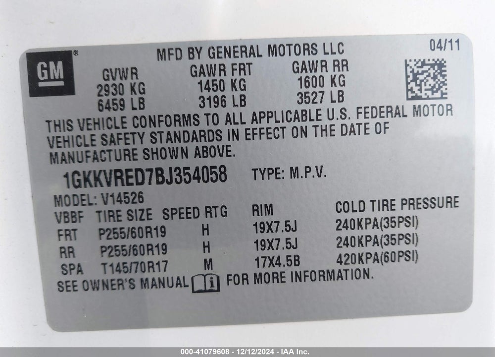2011 GMC ACADIA SLT-1 VIN: 1GKKVRED7BJ354058