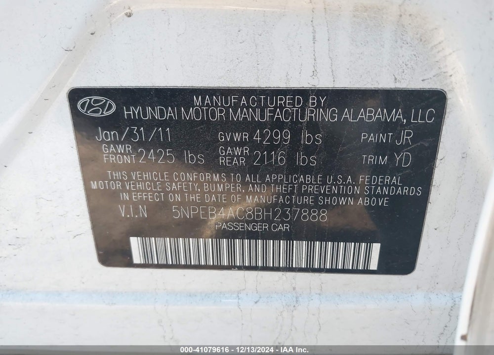 2011 HYUNDAI SONATA GLS VIN: 5NPEB4AC8BH237888