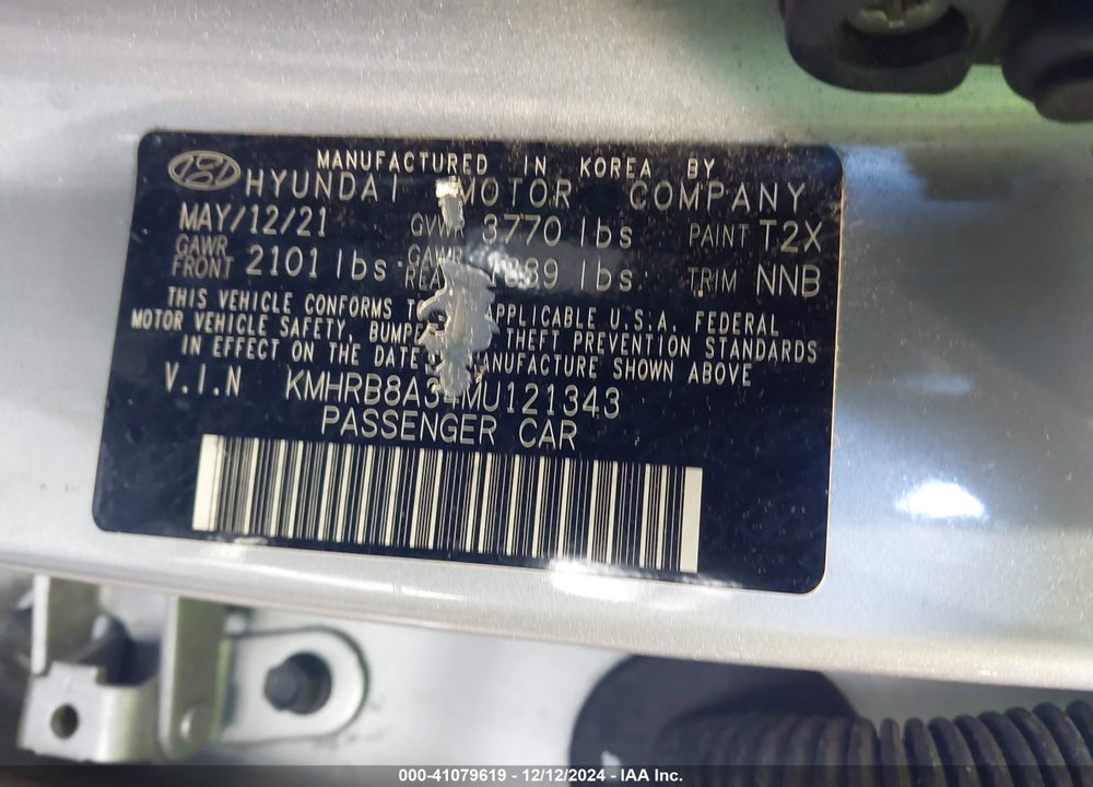 2021 HYUNDAI VENUE SE VIN: KMHRB8A34MU121343