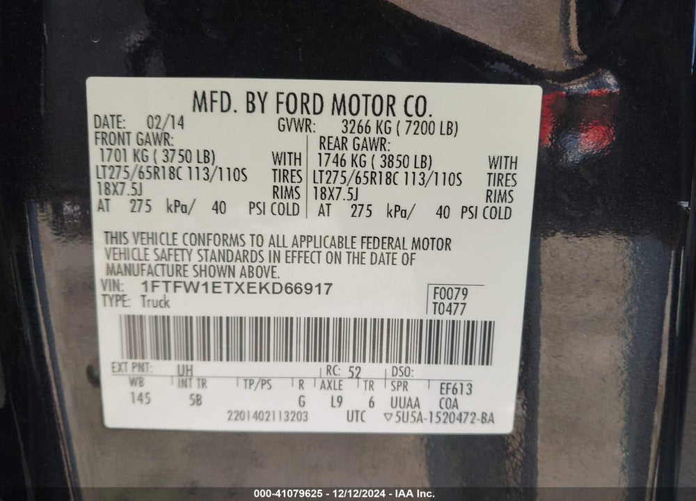 2014 FORD F-150 FX4 VIN: 1FTFW1ETXEKD66917