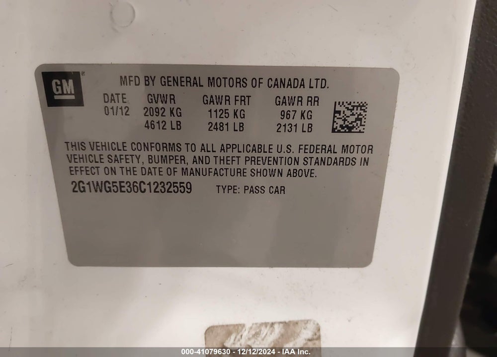 2012 CHEVROLET IMPALA VIN: 2G1WG5E36C1232559