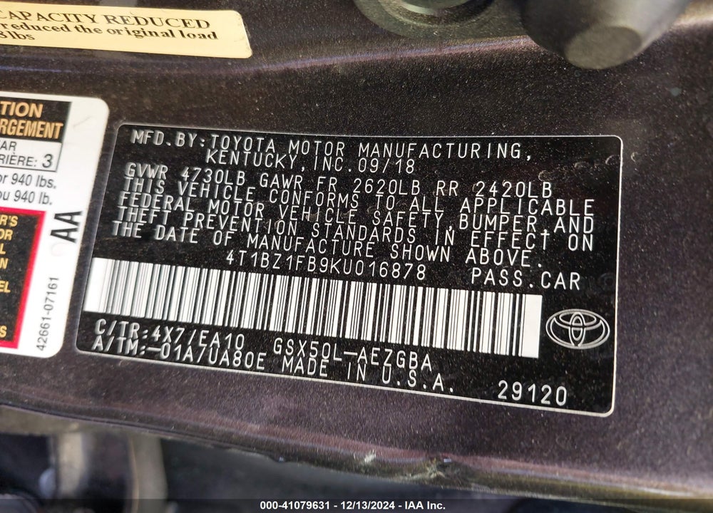 2019 TOYOTA AVALON XLE VIN: 4T1BZ1FB9KU016878
