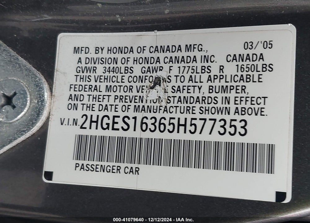 2005 HONDA CIVIC SDN VP VIN: 2HGES16365H577353