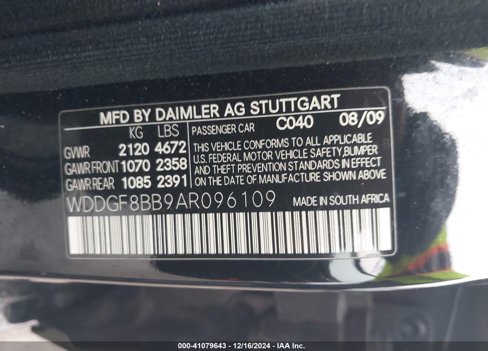 2010 MERCEDES-BENZ C 300 VIN: WDDGF8BB9AR096109