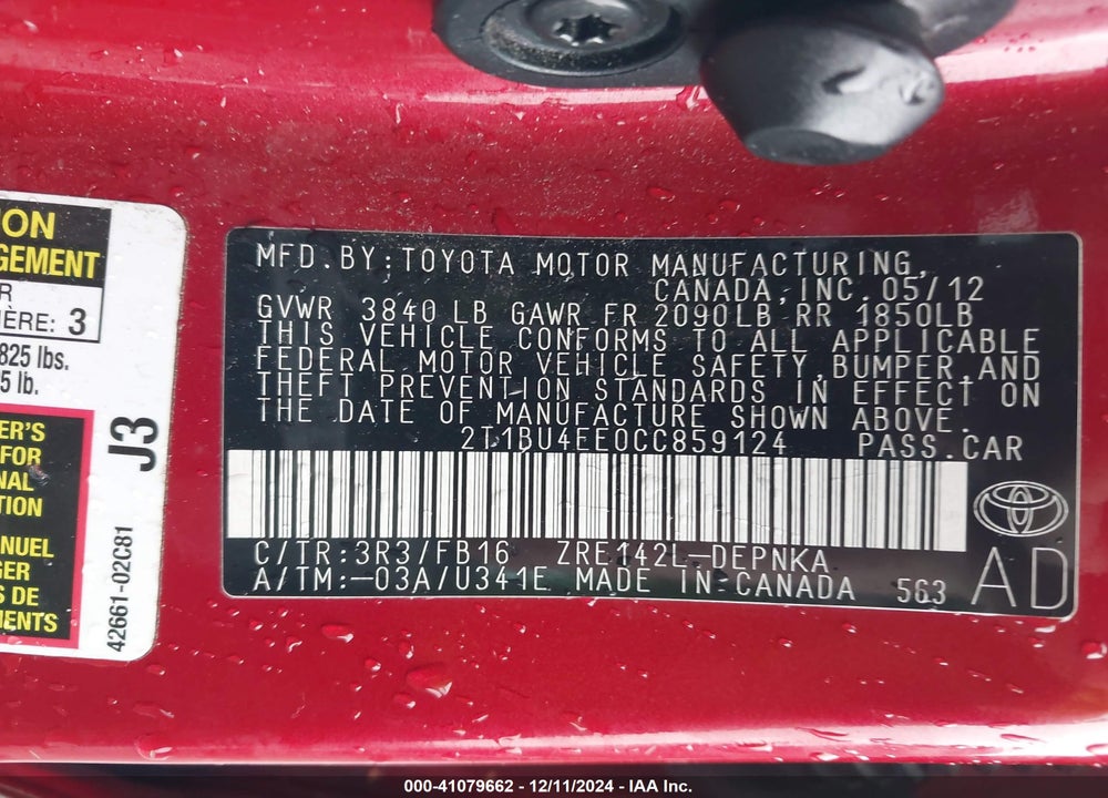 2012 TOYOTA COROLLA LE VIN: 2T1BU4EE0CC859124