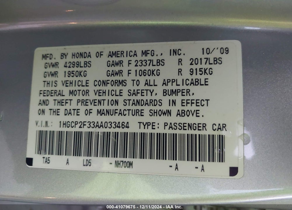 2010 HONDA ACCORD 2.4 LX VIN: 1HGCP2F33AA033464