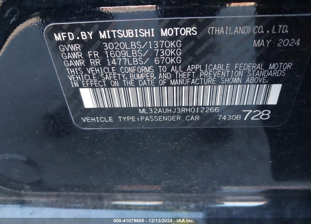 2024 MITSUBISHI MIRAGE VIN: ML32AUHJ3RH012266