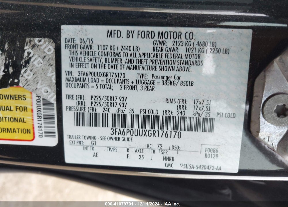 2016 FORD FUSION HYBRID S VIN: 3FA6P0UUXGR176170
