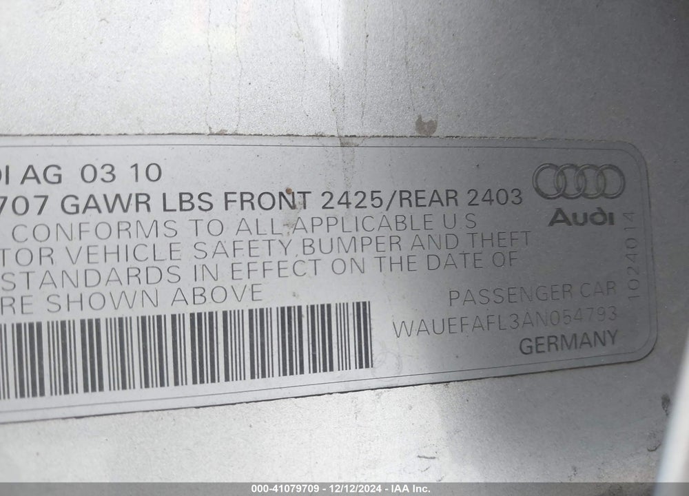2010 AUDI A4 2.0T PREMIUM VIN: WAUEFAFL3AN054793