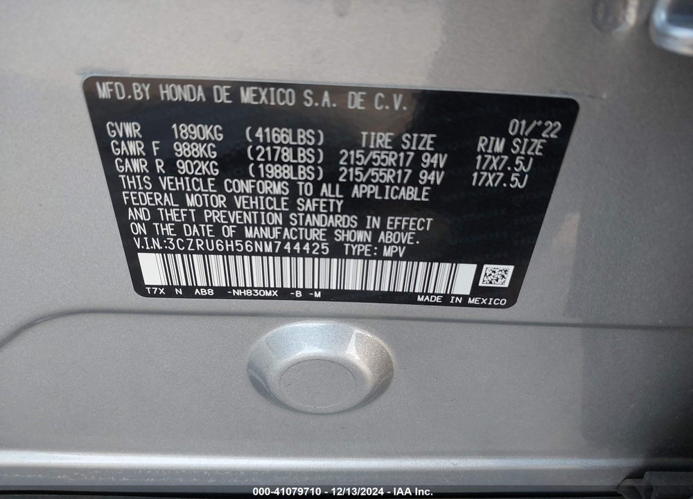 2022 HONDA HR-V VIN: 3CZRU6H56NM744425