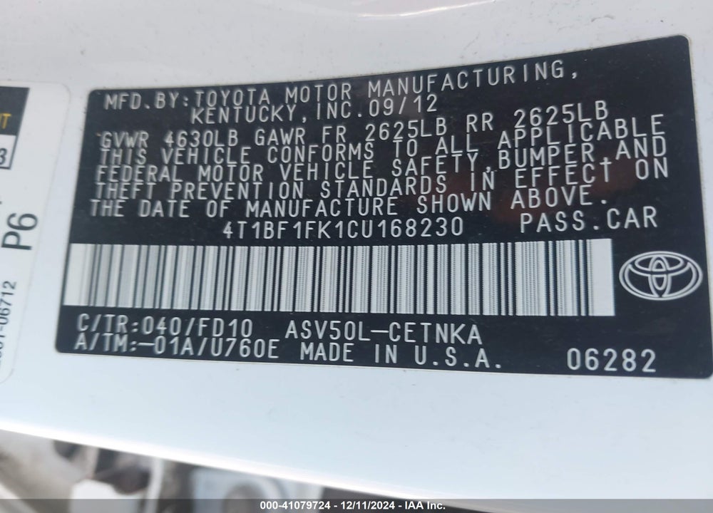 2012 TOYOTA CAMRY LE VIN: 4T1BF1FK1CU168230