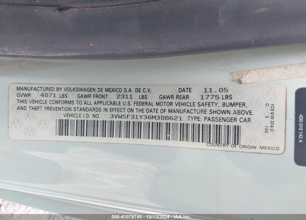2006 VOLKSWAGEN NEW BEETLE 2.5 VIN: 3VWSF31Y36M308621
