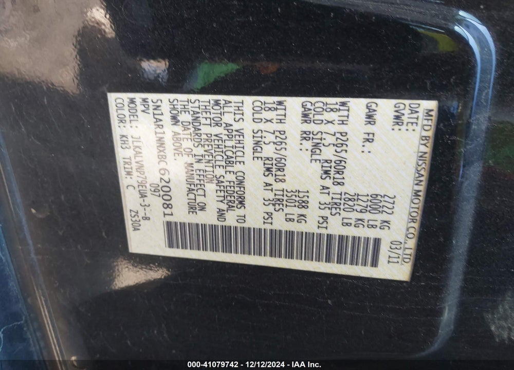 2011 NISSAN PATHFINDER LE VIN: 5N1AR1NNXBC620081