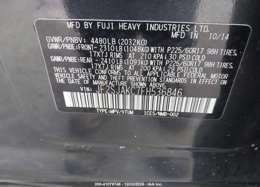 2015 SUBARU FORESTER 2.5I LIMITED VIN: JF2SJAKC7FH536846