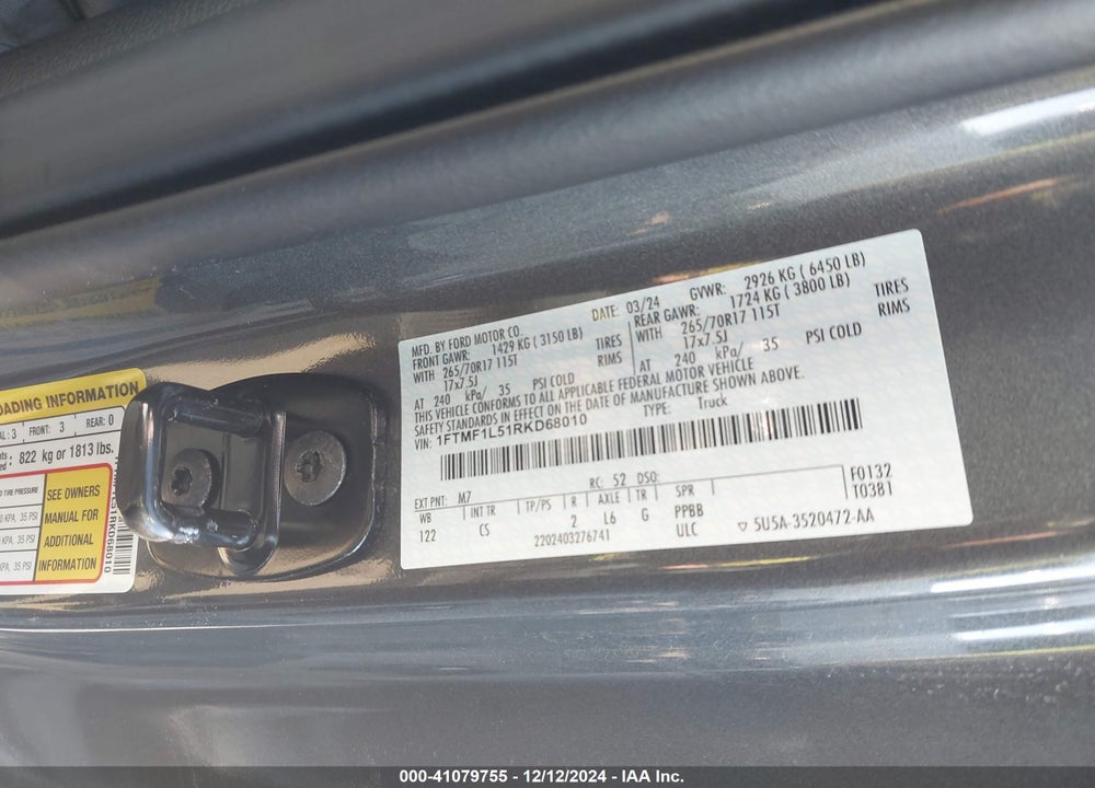 2024 FORD F-150 XL VIN: 1FTMF1L51RKD68010