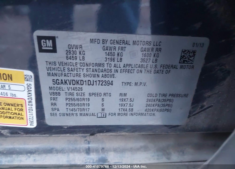 2013 BUICK ENCLAVE VIN: 5GAKVDKD1DJ172394