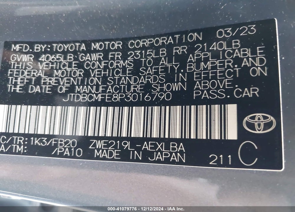 2023 TOYOTA COROLLA HYBRID LE VIN: JTDBCMFE8P3016790