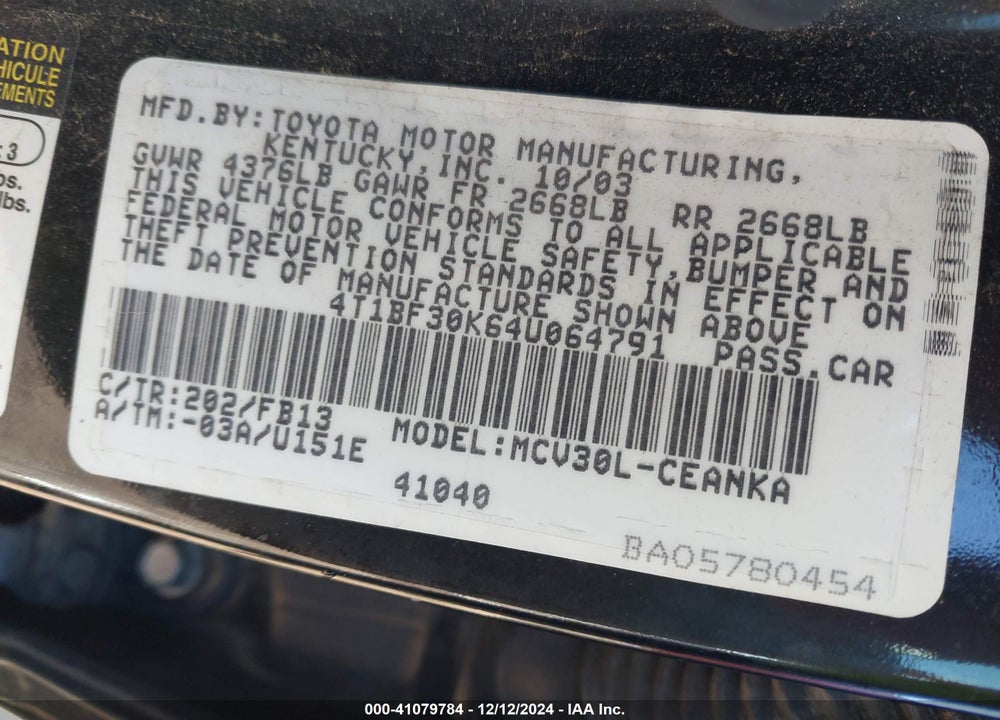 2004 TOYOTA CAMRY LE V6 VIN: 4T1BF30K64U064791