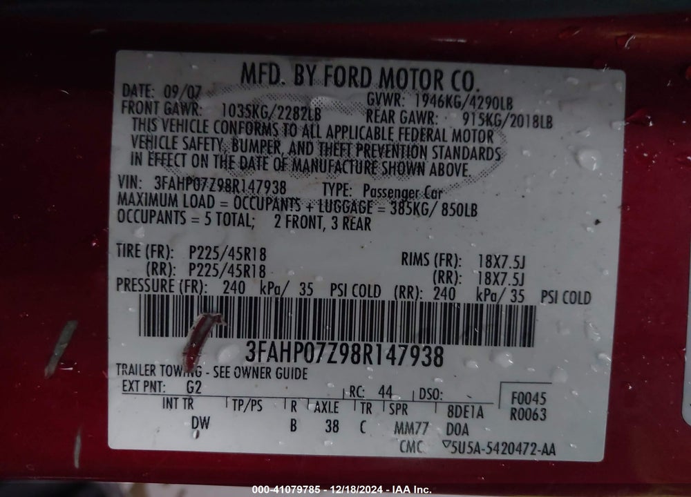 2008 FORD FUSION SE VIN: 3FAHP07Z98R147938