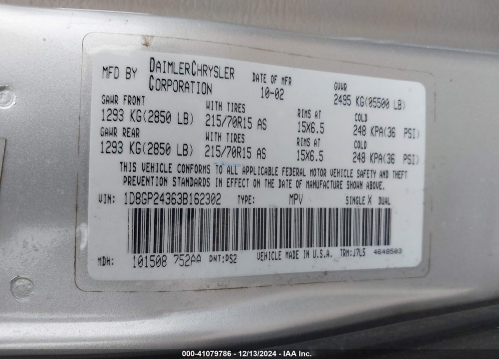 2003 DODGE GRAND CARAVAN SE VIN: 1D8GP24363B162302