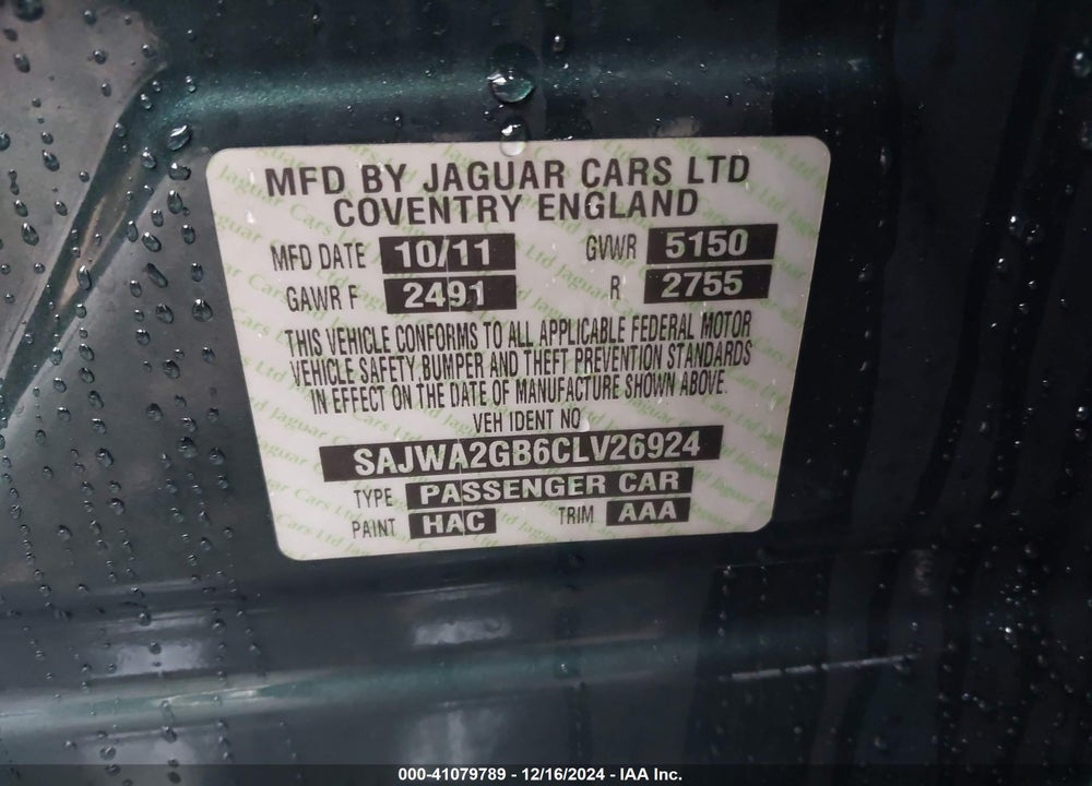 2012 JAGUAR XJ XJL PORTFOLIO VIN: SAJWA2GB6CLV26924