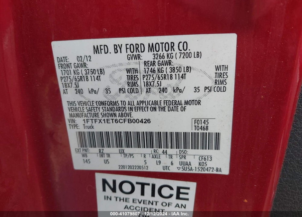 2012 FORD F-150 XLT VIN: 1FTFX1ET6CFB00426