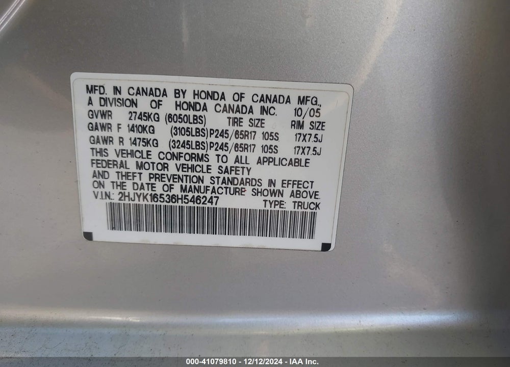 2006 HONDA RIDGELINE RTL VIN: 2HJYK16536H546247