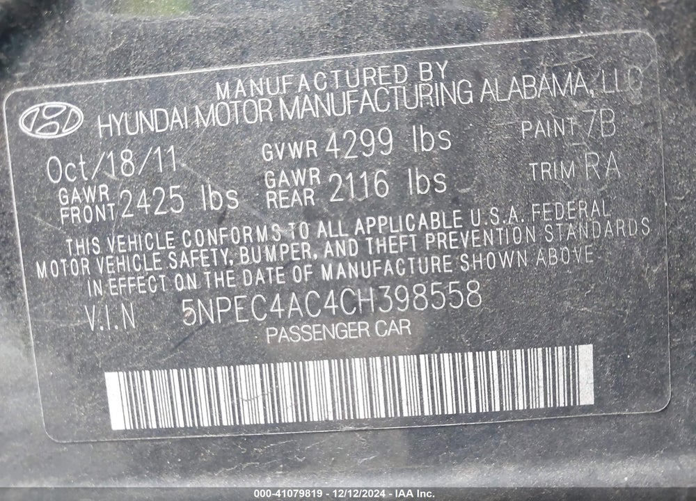 2012 HYUNDAI SONATA LIMITED VIN: 5NPEC4AC4CH398558