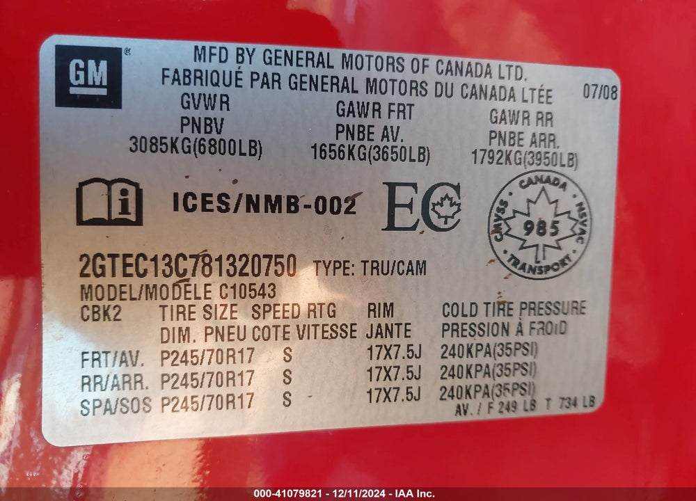 2008 GMC SIERRA 1500 SL/SLE1/WORK TRUCK VIN: 2GTEC13C781320750