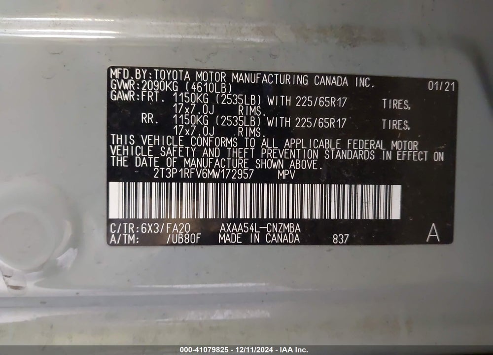 2021 TOYOTA RAV4 XLE VIN: 2T3P1RFV6MW172957