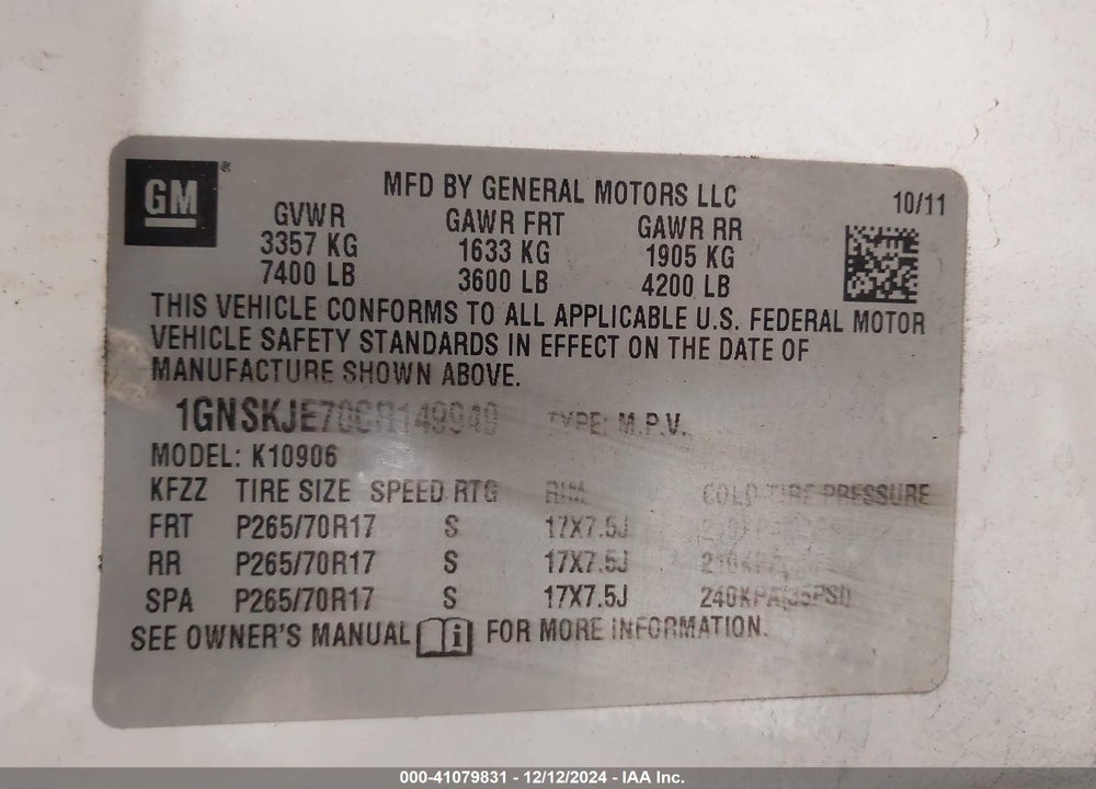 2012 CHEVROLET SUBURBAN 1500 LT VIN: 1GNSKJE70CR149949