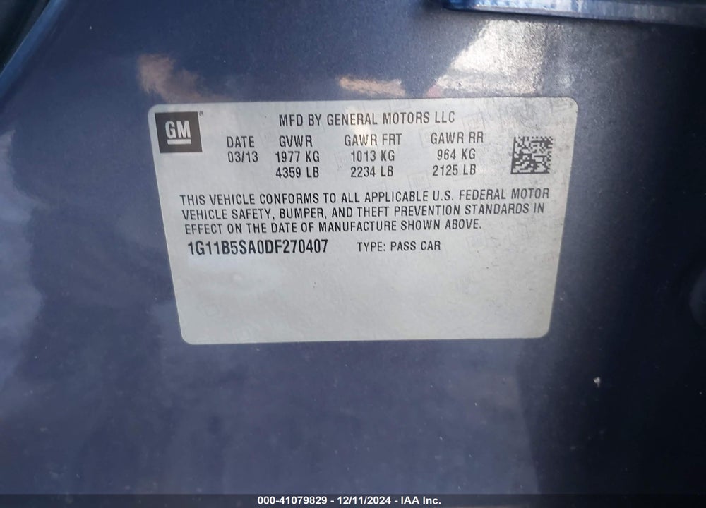 2013 CHEVROLET MALIBU 1LS VIN: 1G11B5SA0DF270407