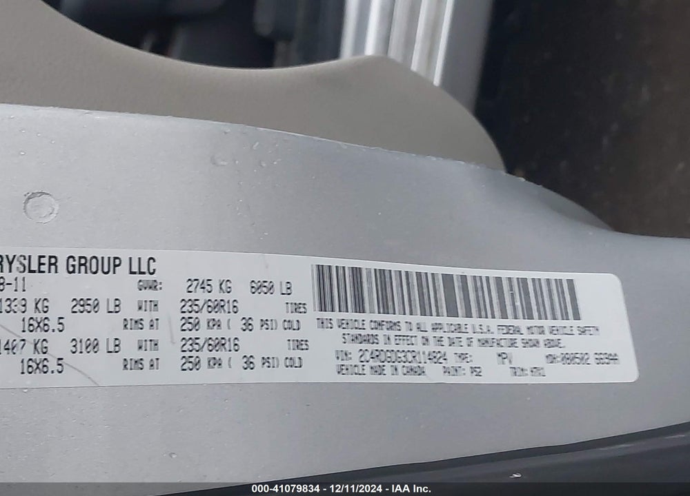 2012 DODGE GRAND CARAVAN CREW VIN: 2C4RDGDG3CR114824