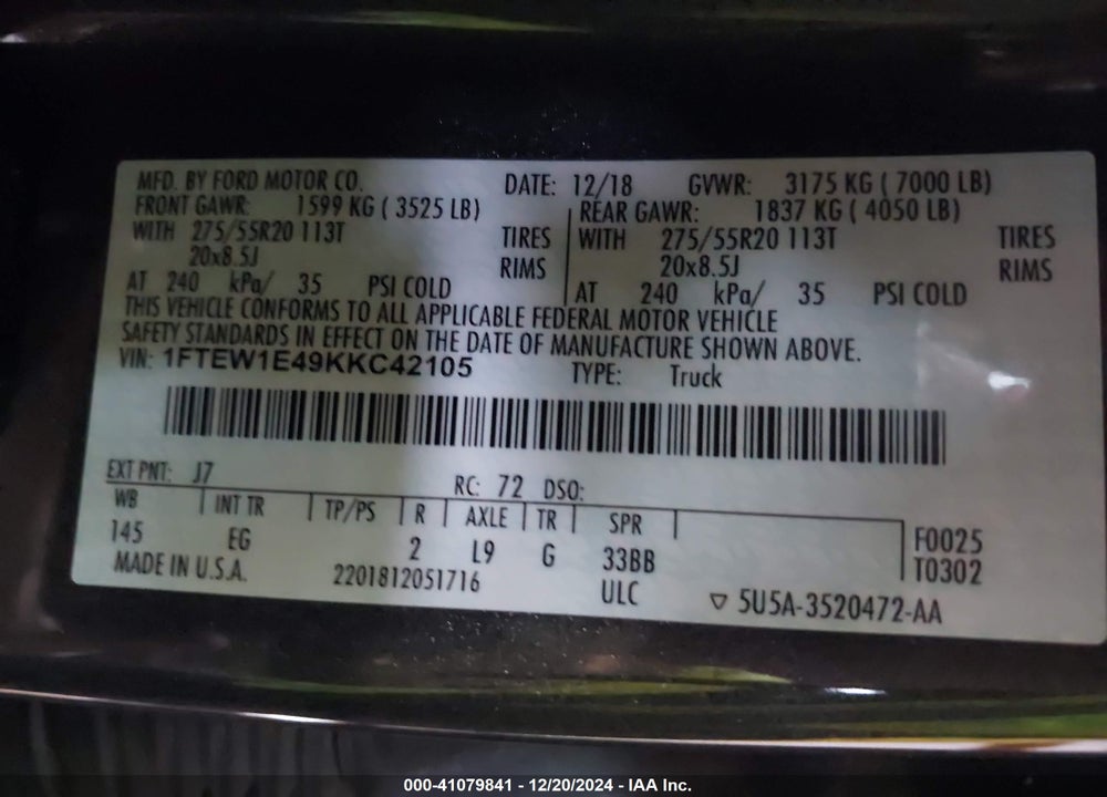 2019 FORD F-150 LARIAT VIN: 1FTEW1E49KKC42105