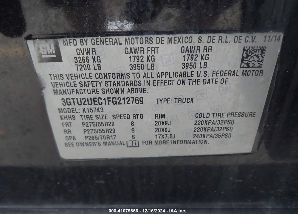 2015 GMC SIERRA 1500 SLE VIN: 3GTU2UEC1FG212769