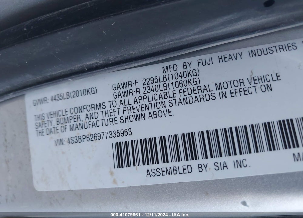 2007 SUBARU LEGACY 2.5I VIN: 4S3BP626977335963