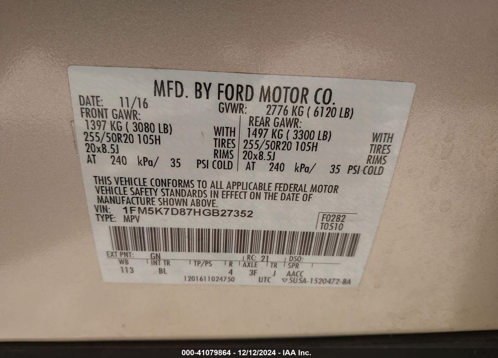 2017 FORD EXPLORER XLT VIN: 1FM5K7D87HGB27352