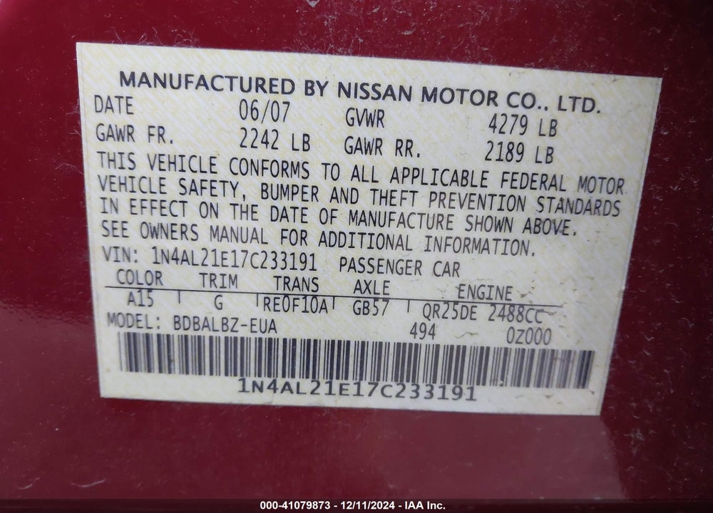 2007 NISSAN ALTIMA 2.5 S VIN: 1N4AL21E17C233191