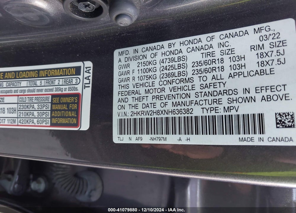 2022 HONDA CR-V AWD EX-L VIN: 2HKRW2H8XNH636382