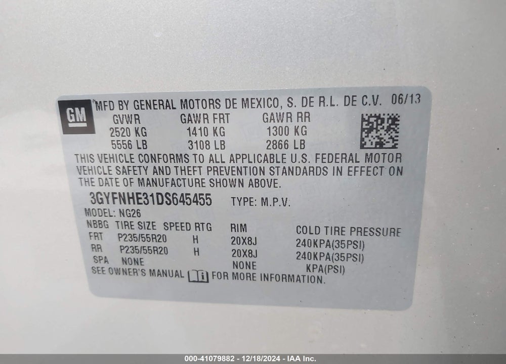 2013 CADILLAC SRX PERFORMANCE COLLECTION VIN: 3GYFNHE31DS645455